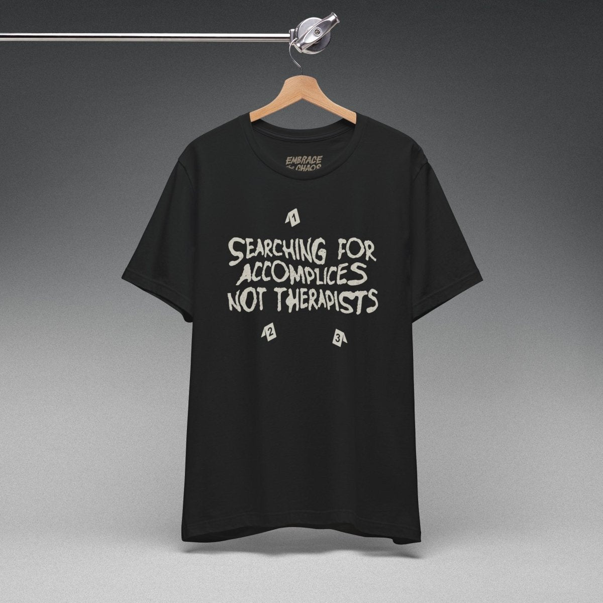 ACCOMPLICES NOT THERAPISTS TEE XS Team Purple - Embrace The Chaos mental health humor apparel