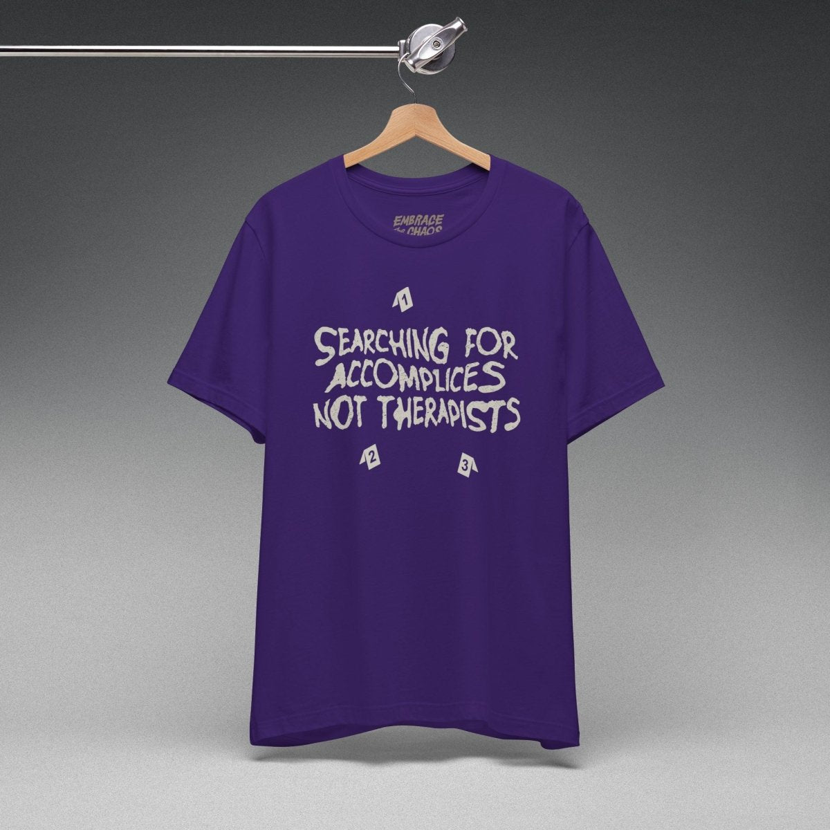ACCOMPLICES NOT THERAPISTS TEE XS Team Purple - Embrace The Chaos mental health humor apparel