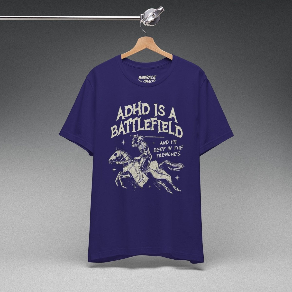 ADHD IS A BATTLEFIELD T-SHIRT XS Team Navy - Embrace The Chaos mental health humor apparel