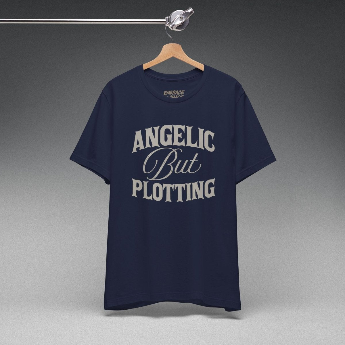 ANGELIC BUT PLOTTING TEE XS Navy - Embrace The Chaos mental health humor apparel