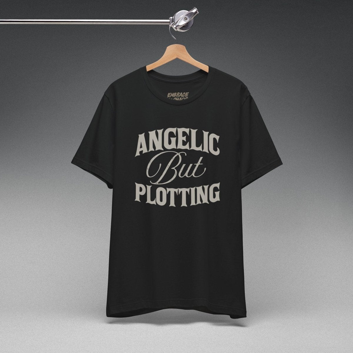 ANGELIC BUT PLOTTING TEE XS Navy - Embrace The Chaos mental health humor apparel
