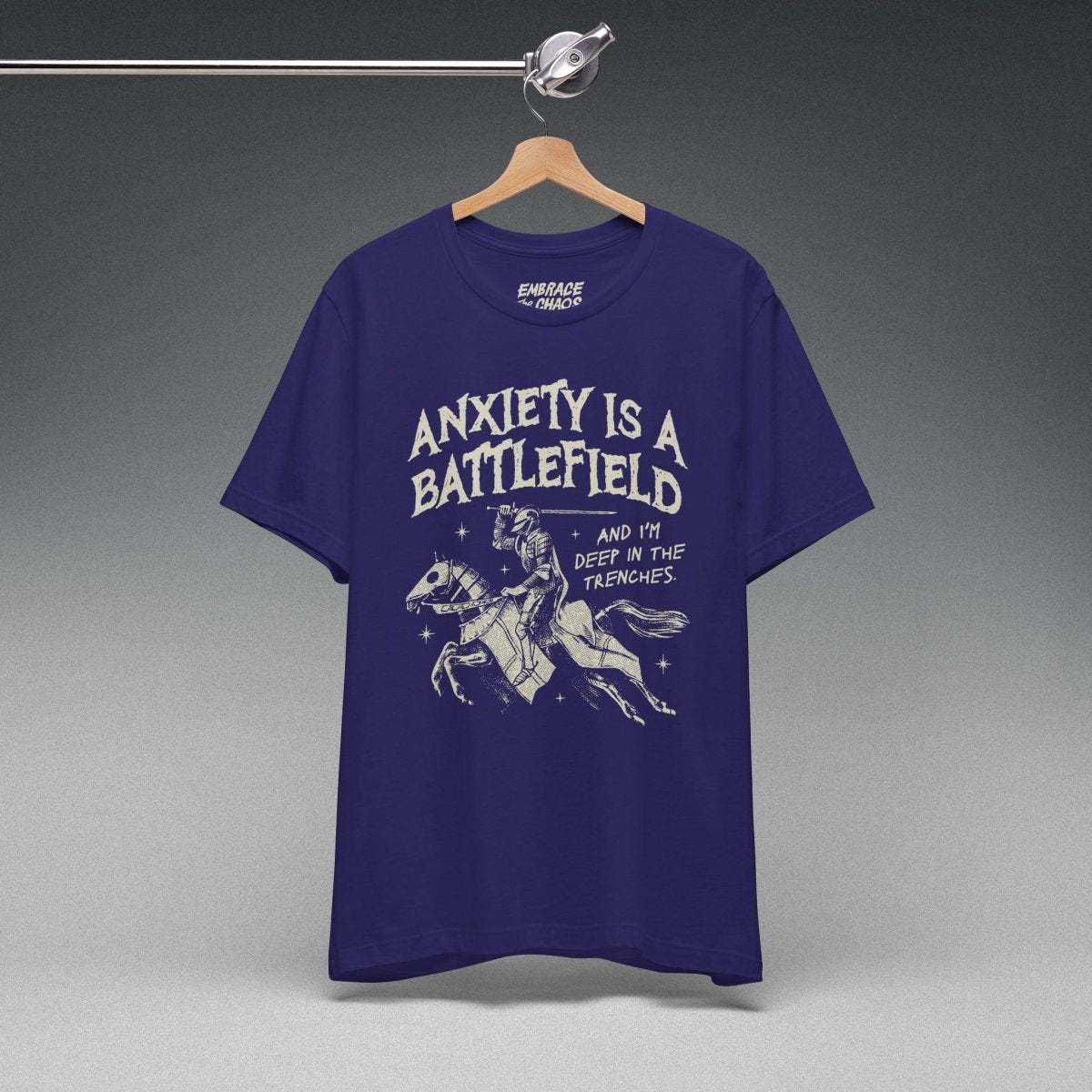ANXIETY IS A BATTLEFIELD T-SHIRT XS Team Navy - Embrace The Chaos mental health humor apparel
