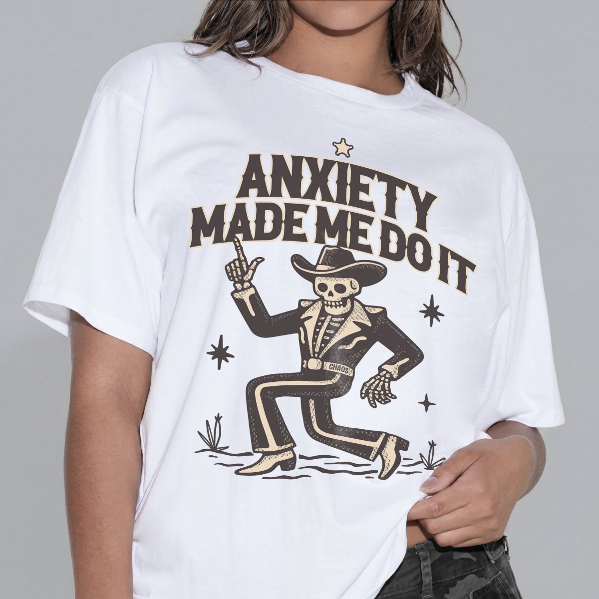 ANXIETY MADE ME DO IT T - SHIRT XS Tan - Embrace The Chaos mental health humor apparel