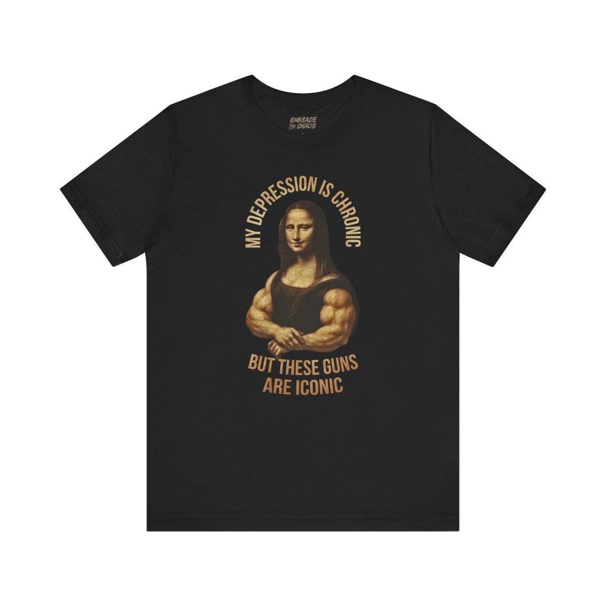 BUT THESE GUNS ARE ICONIC TEE XS Black - Embrace The Chaos mental health humor apparel