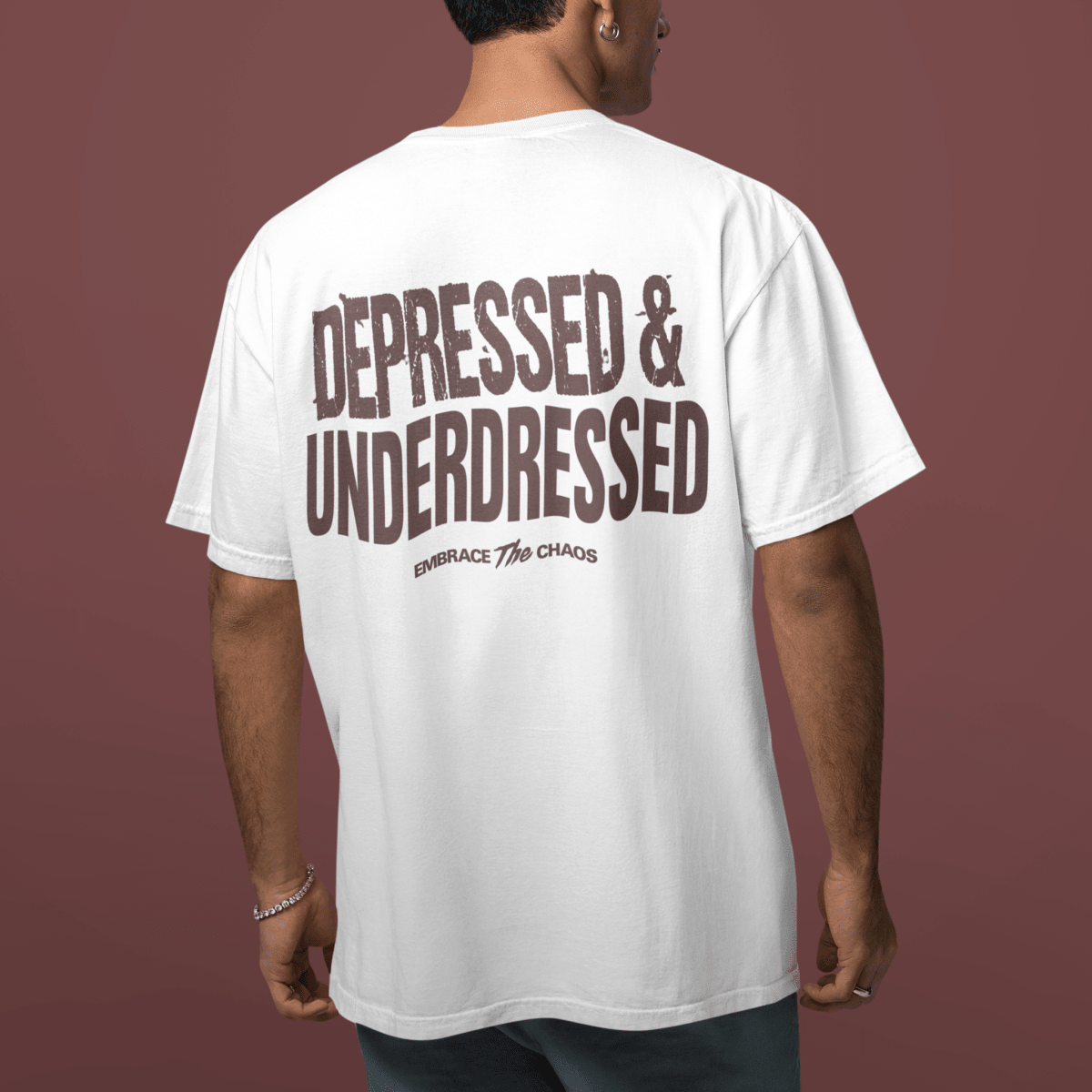 DEPRESSED & UNDERDRESSED T - SHIRT Ivory L - Embrace The Chaos mental health humor apparel