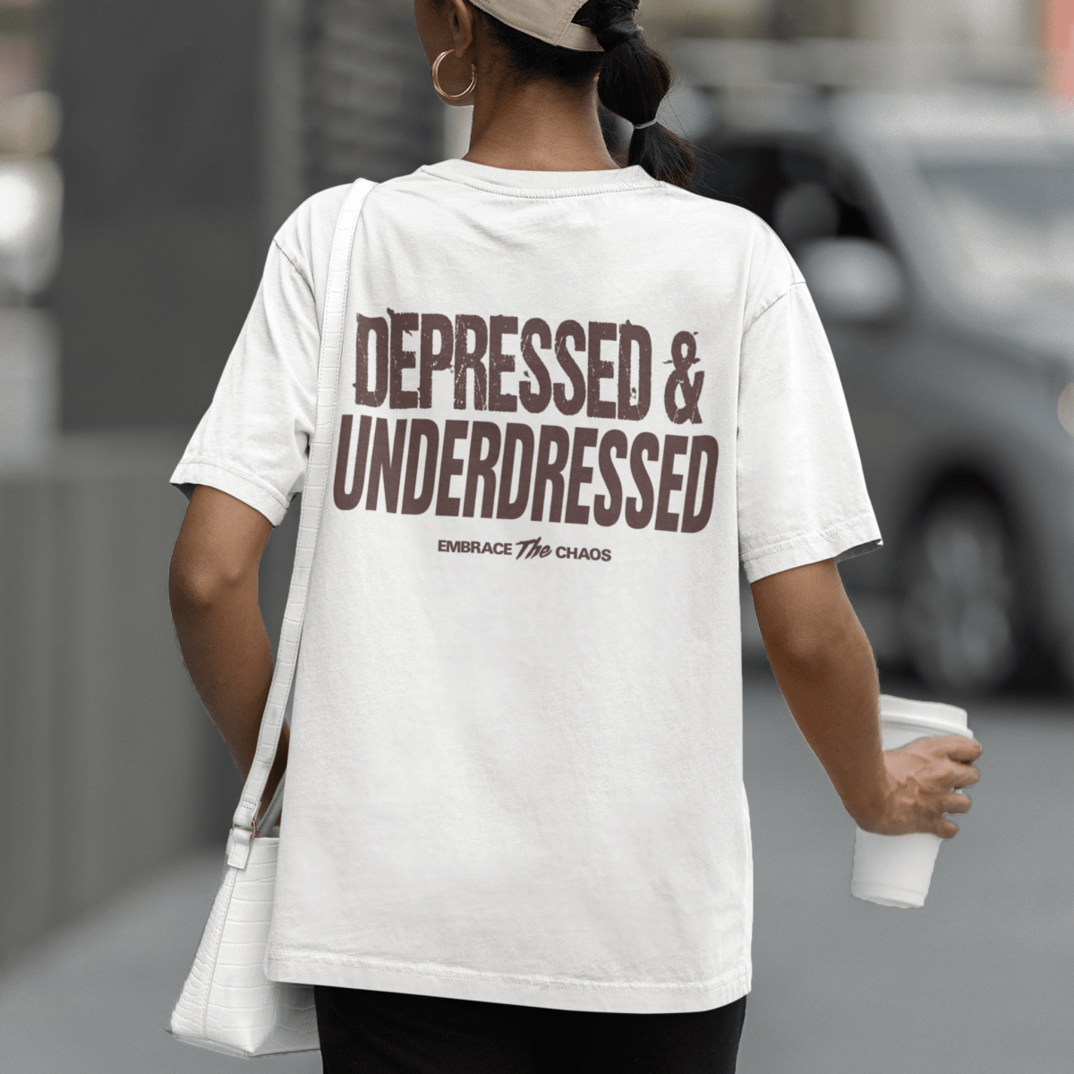 DEPRESSED & UNDERDRESSED T - SHIRT Ivory L - Embrace The Chaos mental health humor apparel