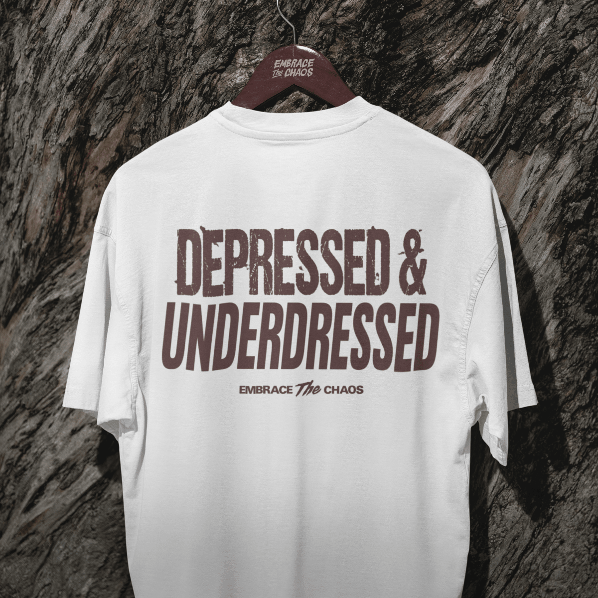 DEPRESSED & UNDERDRESSED T - SHIRT Ivory L - Embrace The Chaos mental health humor apparel