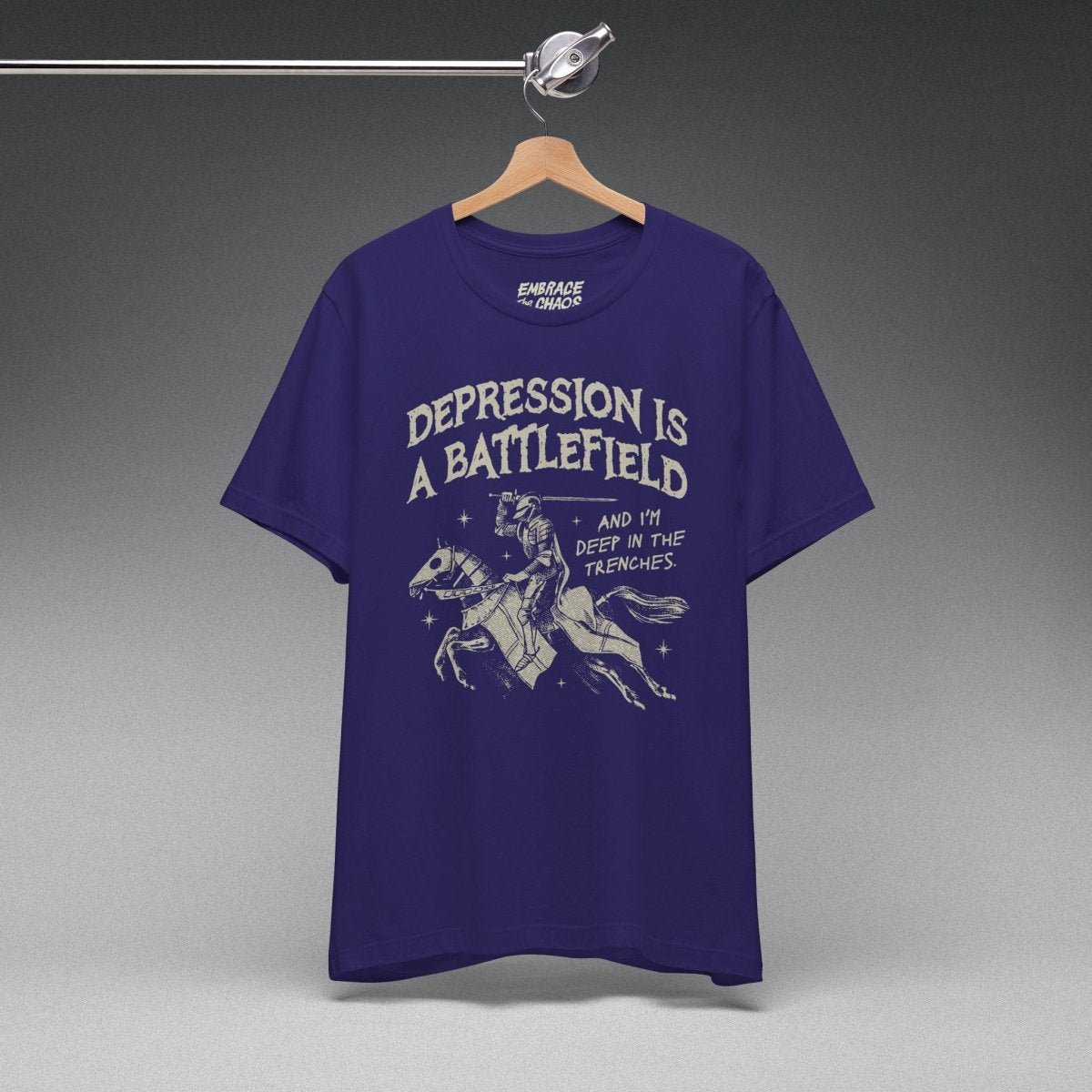 DEPRESSION IS A BATTLEFIELD T-SHIRT XS Team Navy - Embrace The Chaos mental health humor apparel