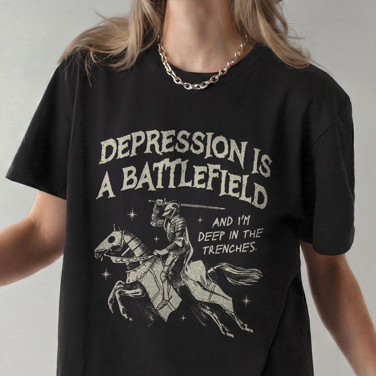 DEPRESSION IS A BATTLEFIELD T - SHIRT XS Black - Embrace The Chaos mental health humor apparel