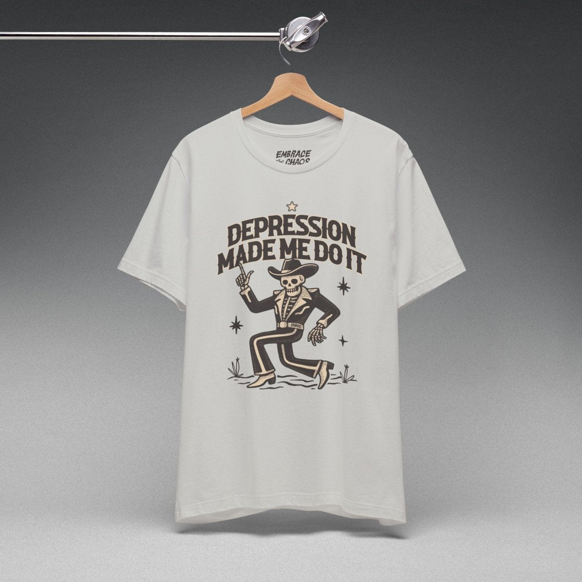 DEPRESSION MADE ME DO IT T-SHIRT XS Silver - Embrace The Chaos mental health humor apparel