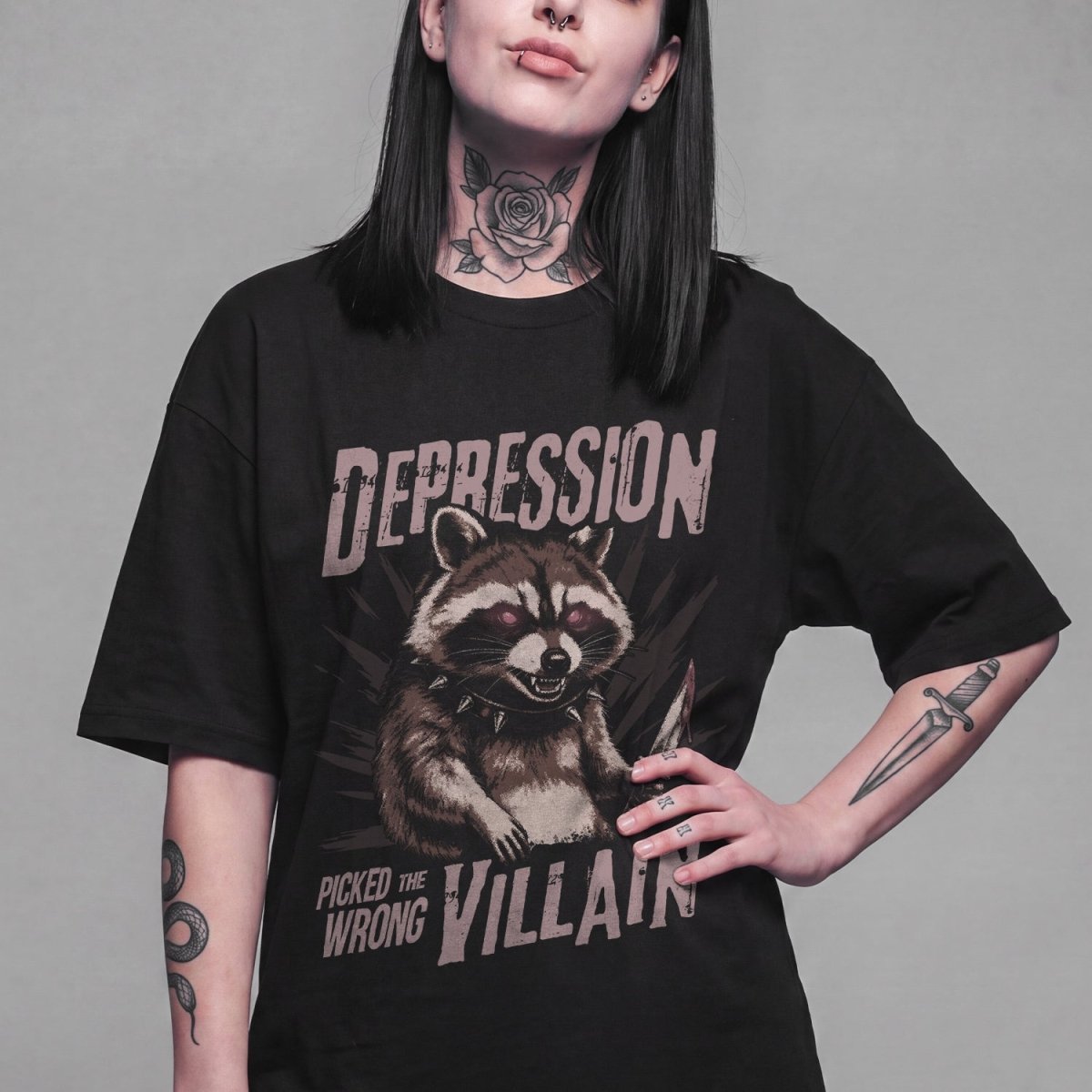 DEPRESSION PICKED THE WRONG VILLAIN TEE Black S - Embrace The Chaos mental health humor apparel