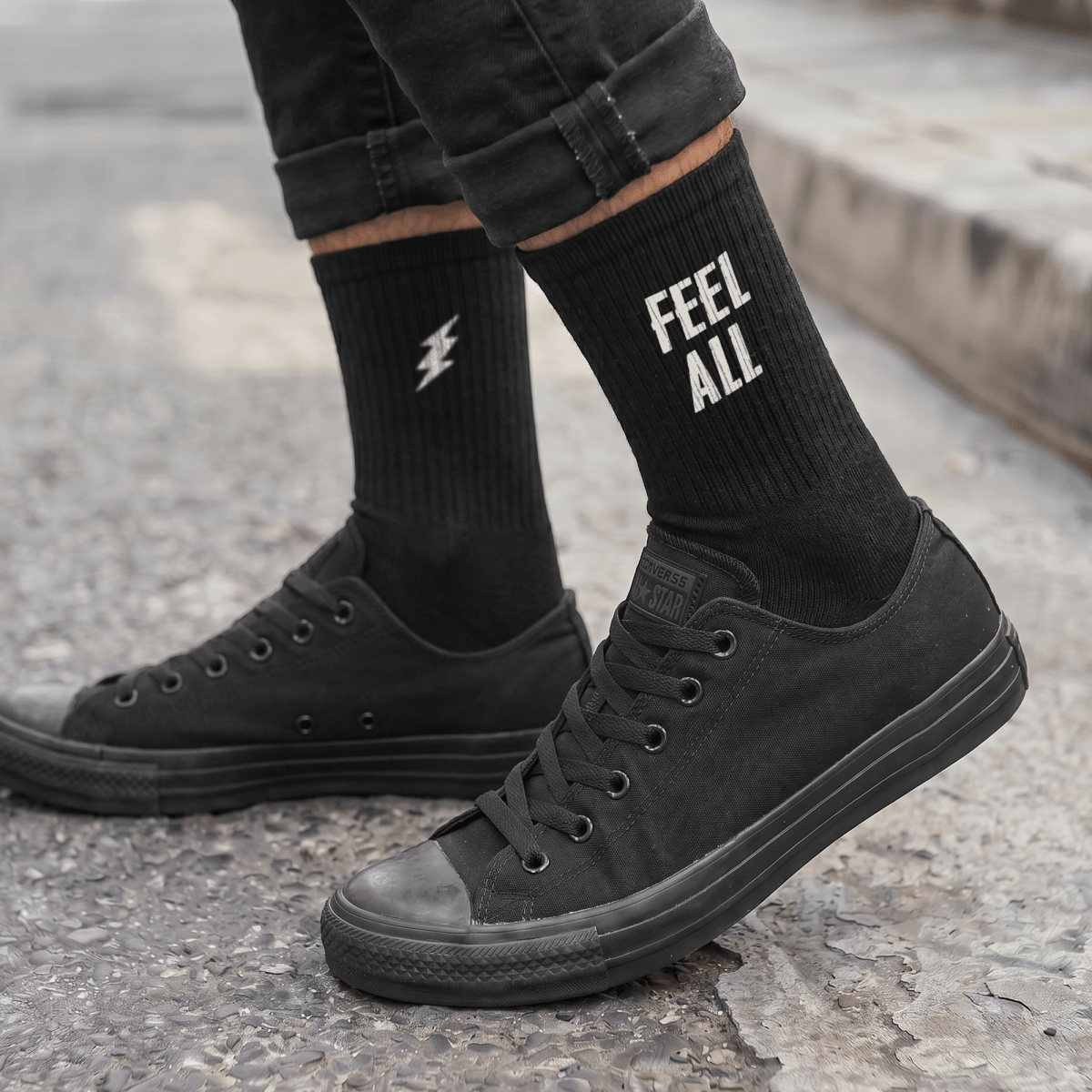 FEEL ALL. FEAR NONE. UNISEX SOCKS One size White - Embrace The Chaos mental health humor apparel
