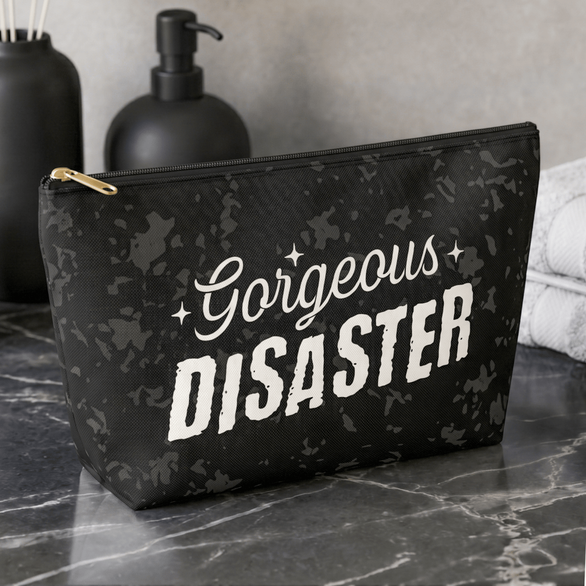 GORGEOUS DISASTER POUCH Small Black zipper - Embrace The Chaos mental health humor apparel
