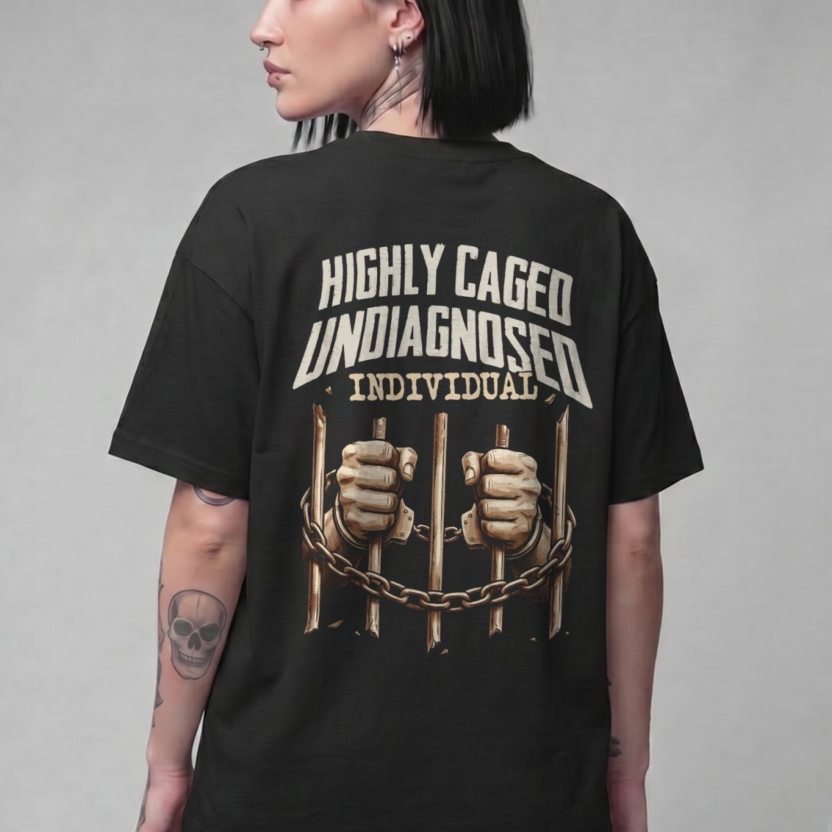 HIGHLY CAGED UNDIAGNOSED INDIVIDUAL T - SHIRT Black S - Embrace The Chaos mental health humor apparel