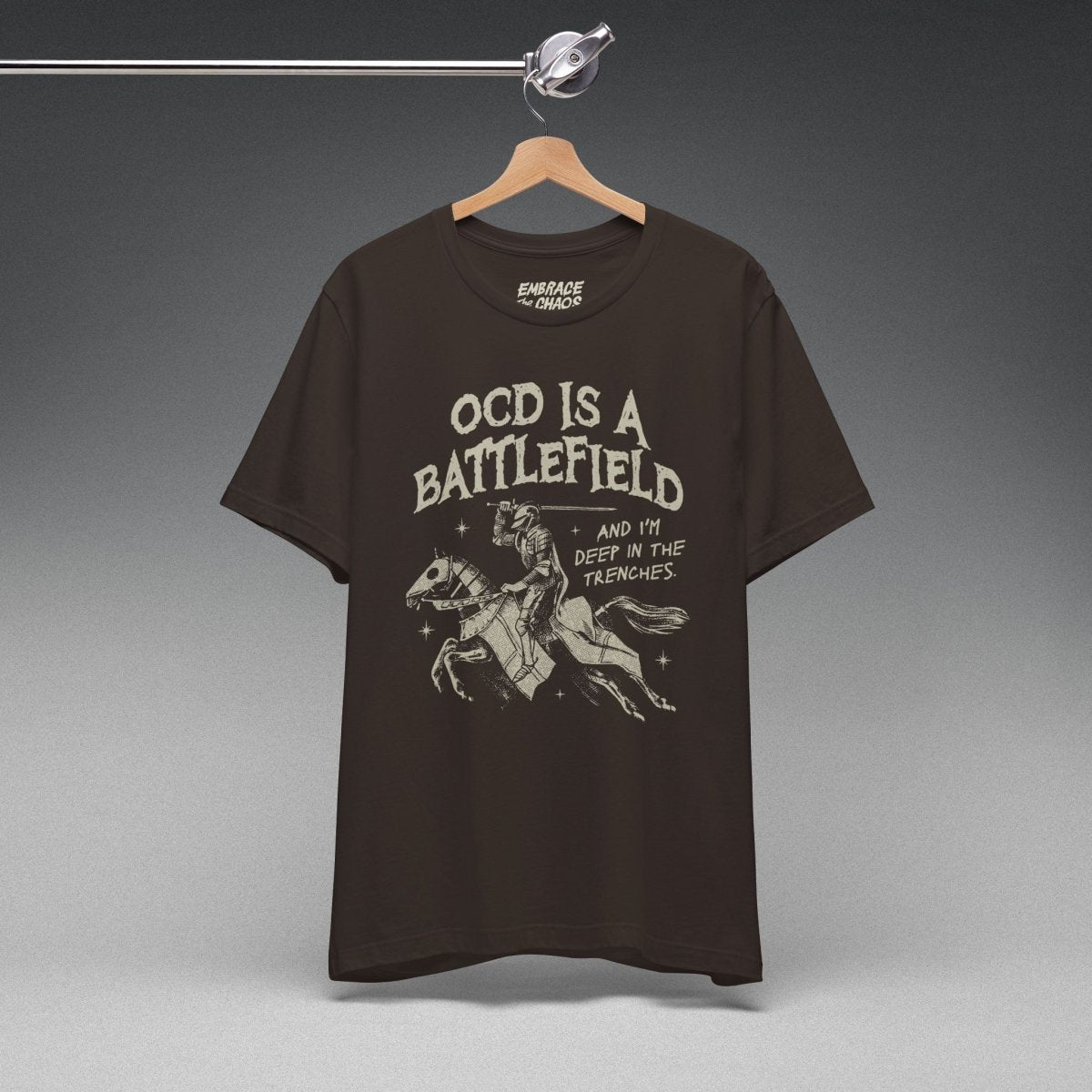 OCD IS A BATTLEFIELD T-SHIRT XS Brown - Embrace The Chaos mental health humor apparel