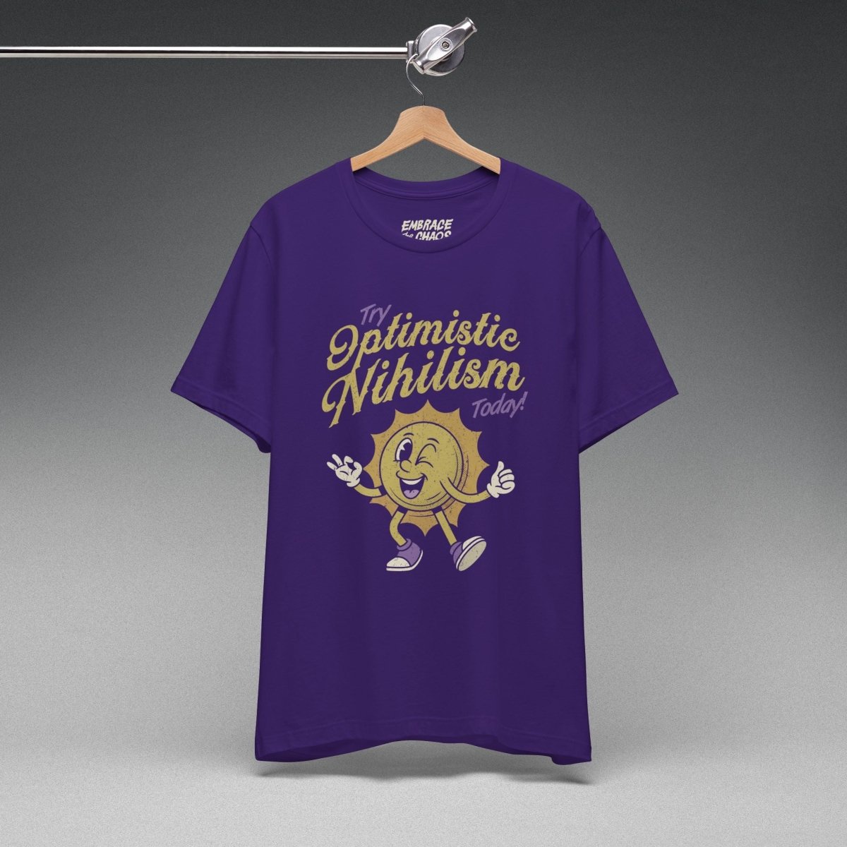 OPTIMISTIC NIHILISM T-SHIRT XS Team Purple - Embrace The Chaos mental health humor apparel