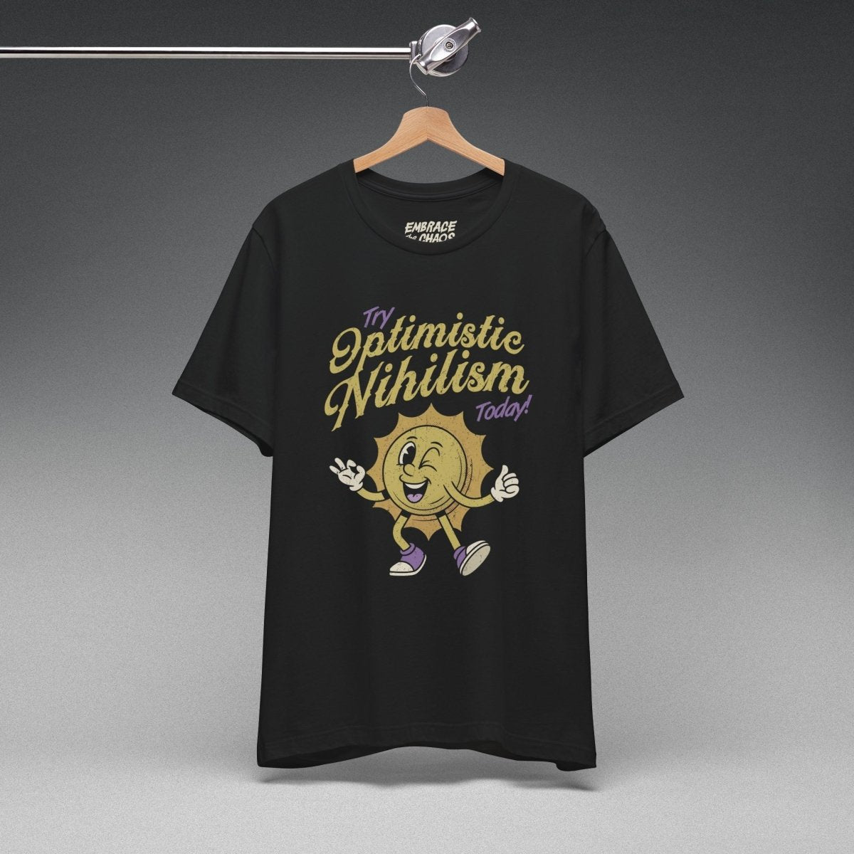 OPTIMISTIC NIHILISM T-SHIRT XS Team Purple - Embrace The Chaos mental health humor apparel