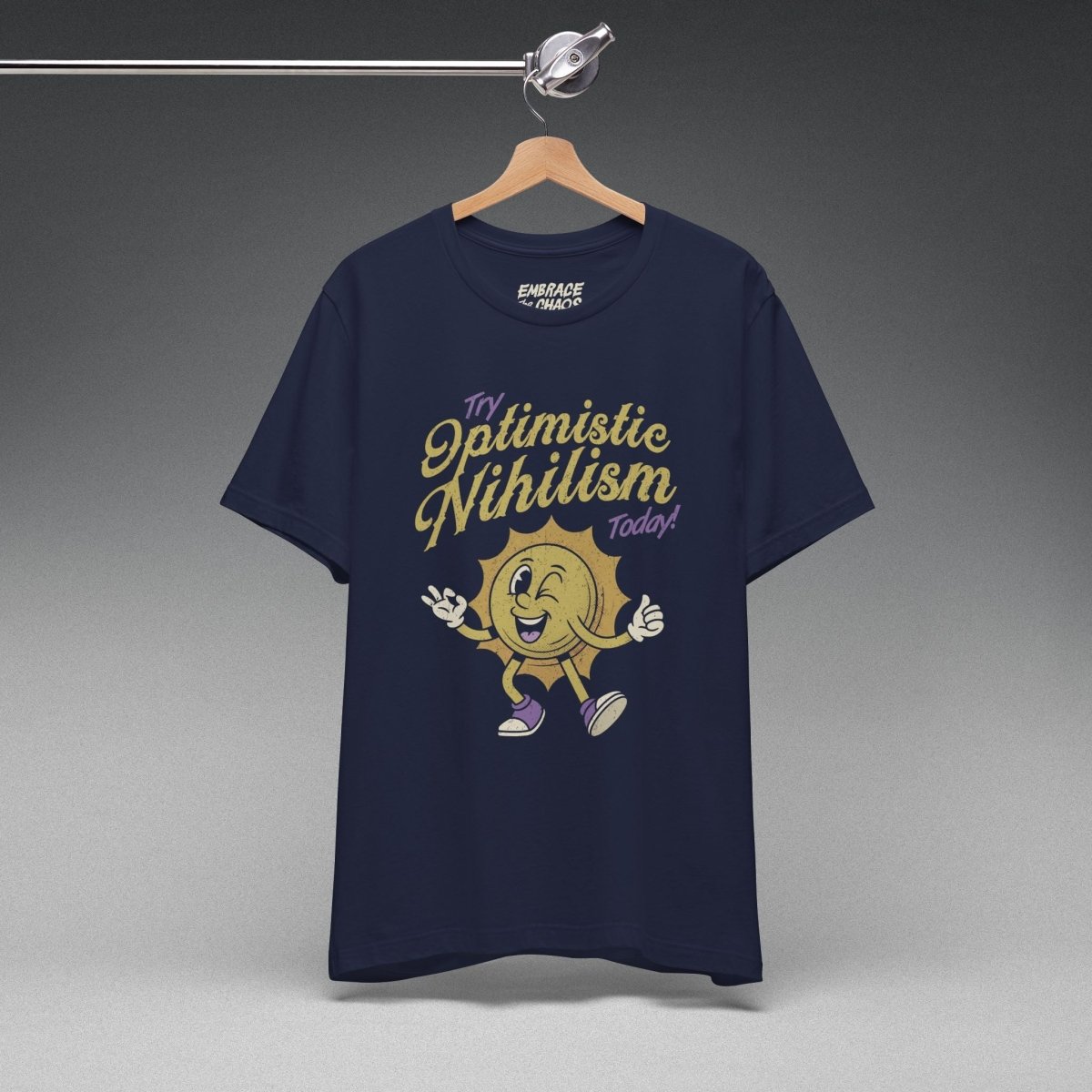 OPTIMISTIC NIHILISM T-SHIRT XS Navy - Embrace The Chaos mental health humor apparel