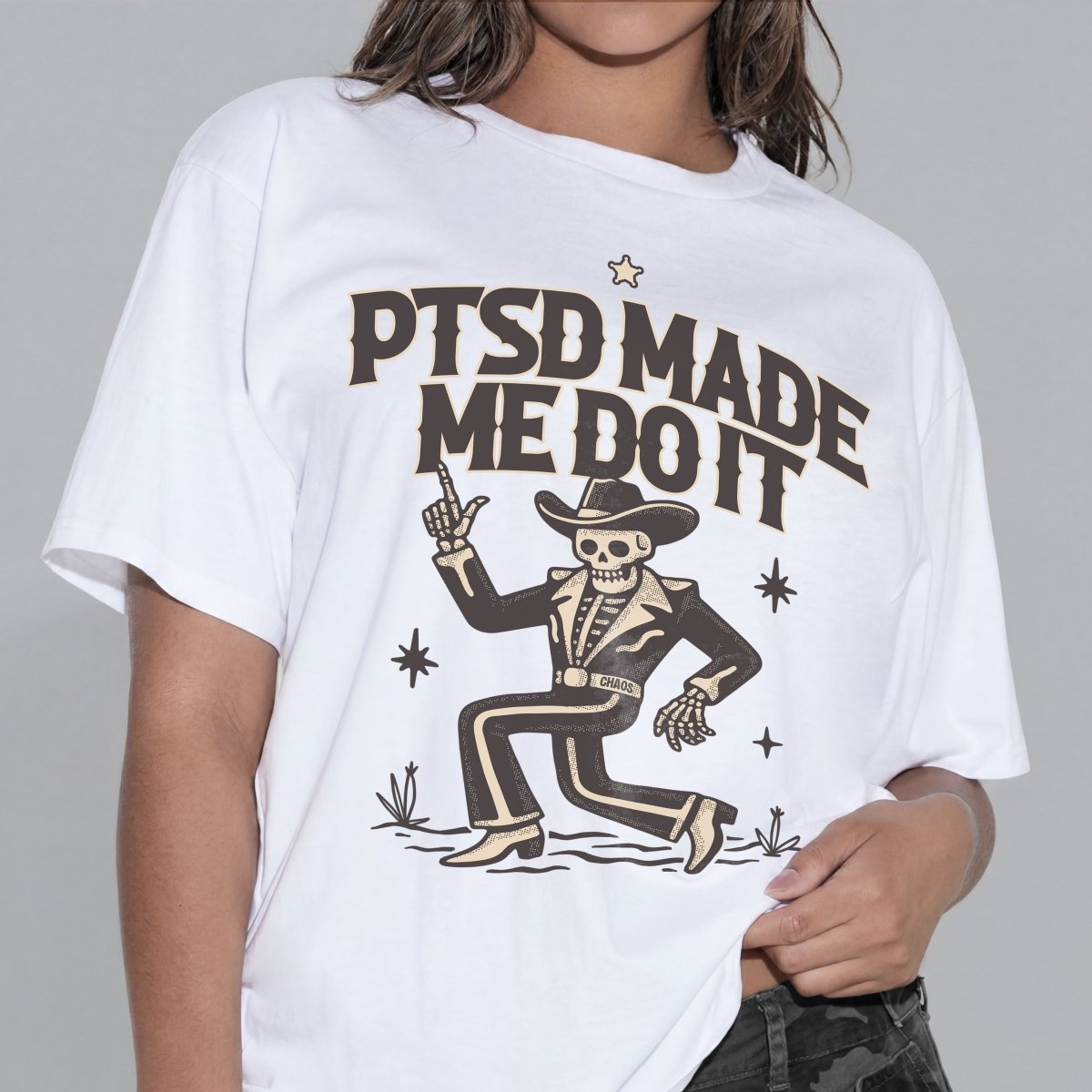 PTSD MADE ME DO IT T - SHIRT XS Tan - Embrace The Chaos mental health humor apparel