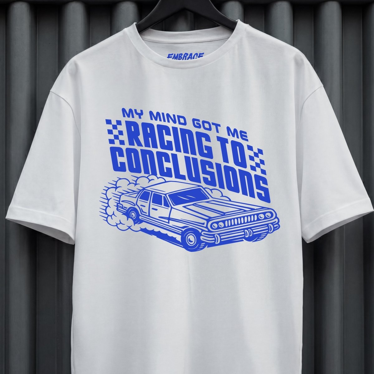 RACING TO CONCLUSIONS T - SHIRT XS Silver - Embrace The Chaos mental health humor apparel