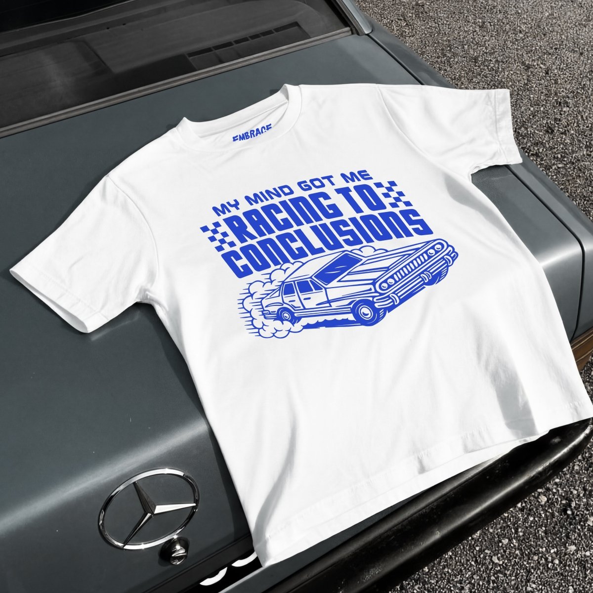RACING TO CONCLUSIONS T - SHIRT S White - Embrace The Chaos mental health humor apparel