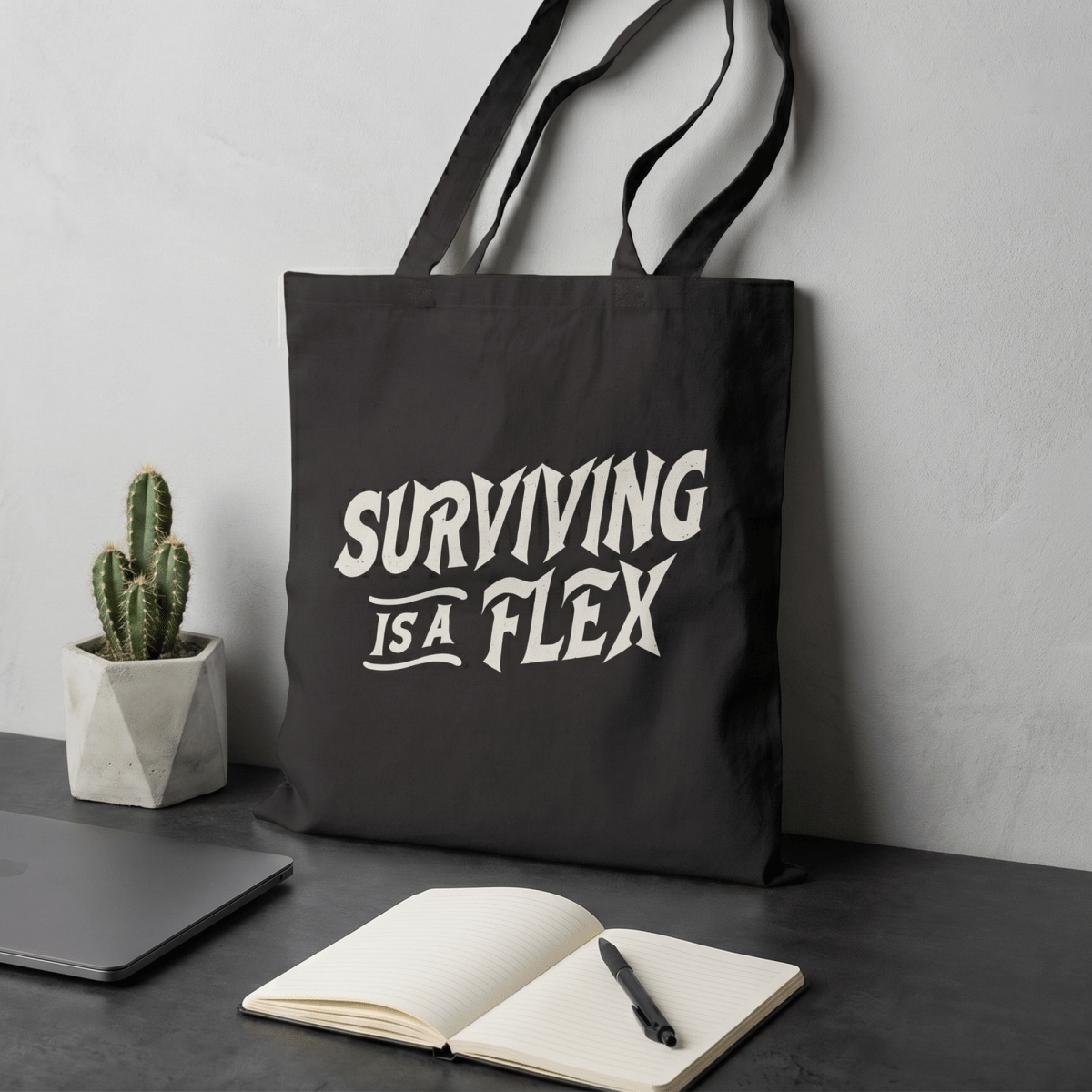 SURVIVING IS A FLEX TOTE BAG Black 15" x 16" - Embrace The Chaos mental health humor apparel