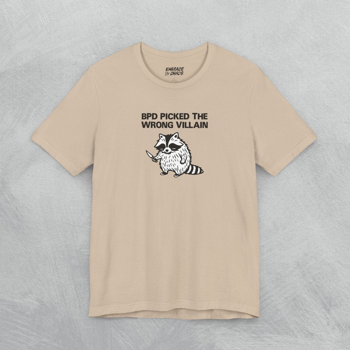 THE WRONG VILLAIN TEE XS Tan - Embrace The Chaos mental health humor apparel