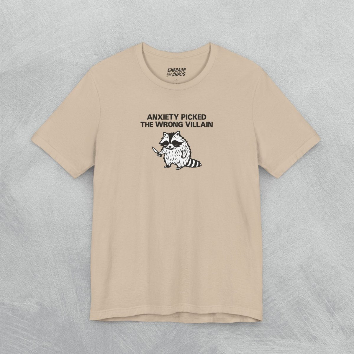 THE WRONG VILLAIN TEE XS Tan - Embrace The Chaos mental health humor apparel