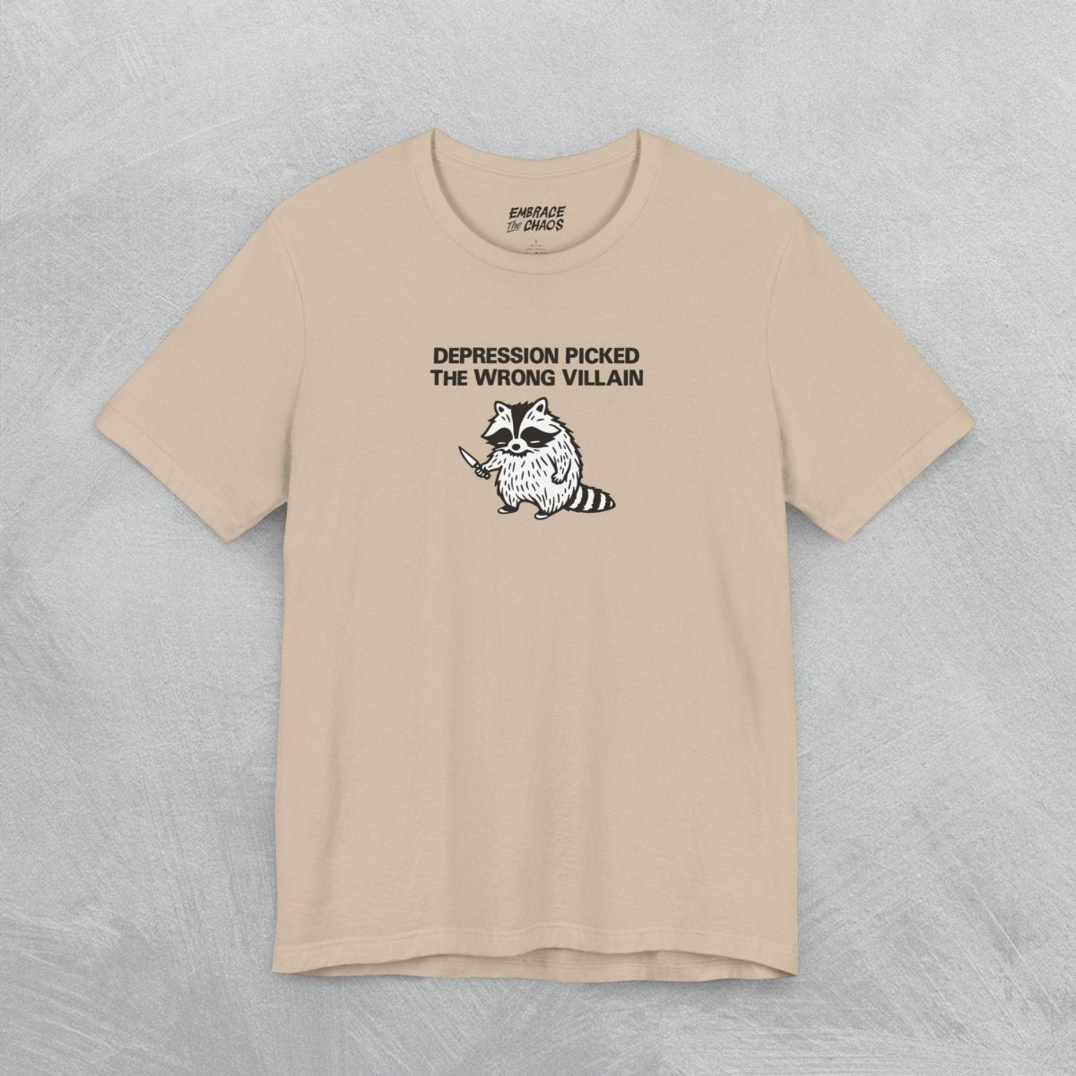 THE WRONG VILLAIN TEE XS Tan - Embrace The Chaos mental health humor apparel