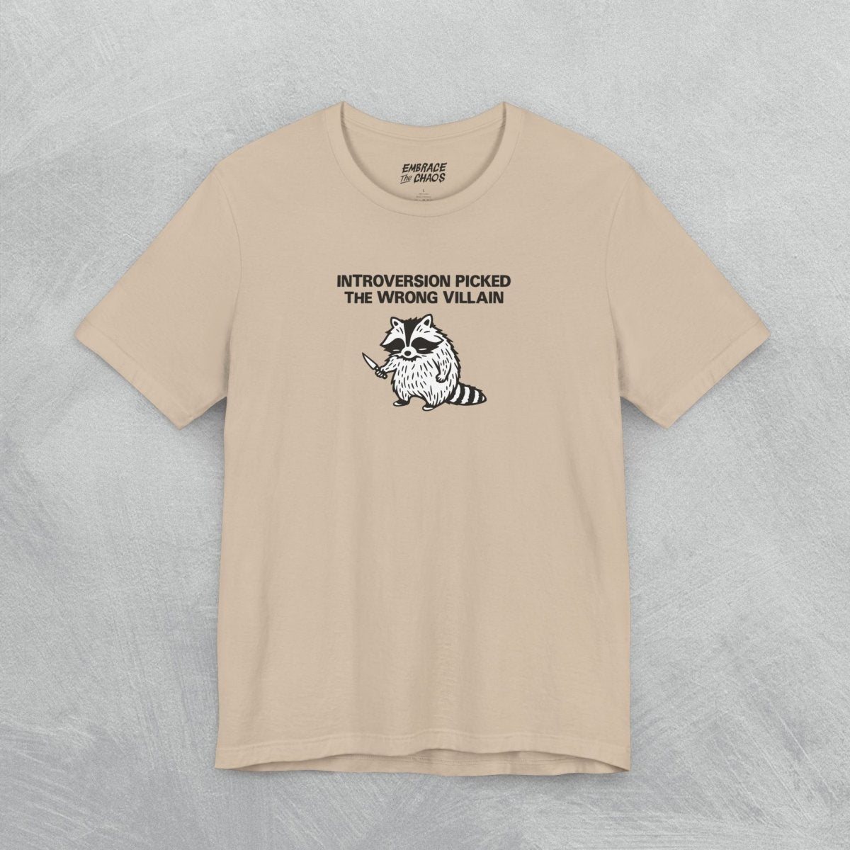 THE WRONG VILLAIN TEE XS Tan - Embrace The Chaos mental health humor apparel