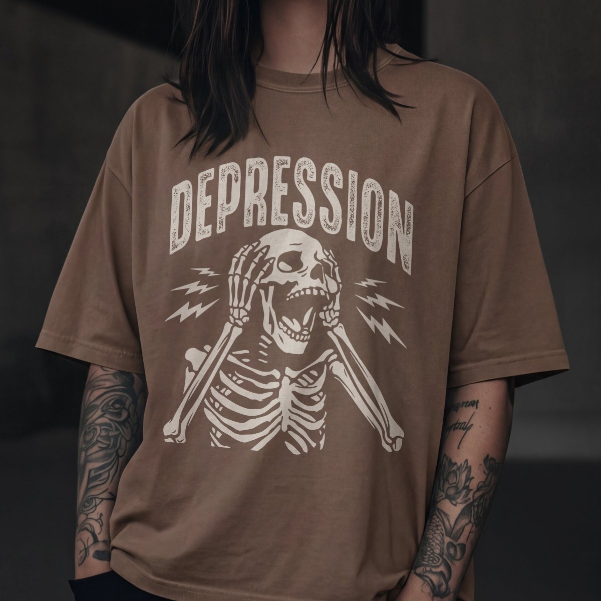 UNHINGED DEPRESSION TEE Espresso S - Embrace The Chaos mental health humor apparel