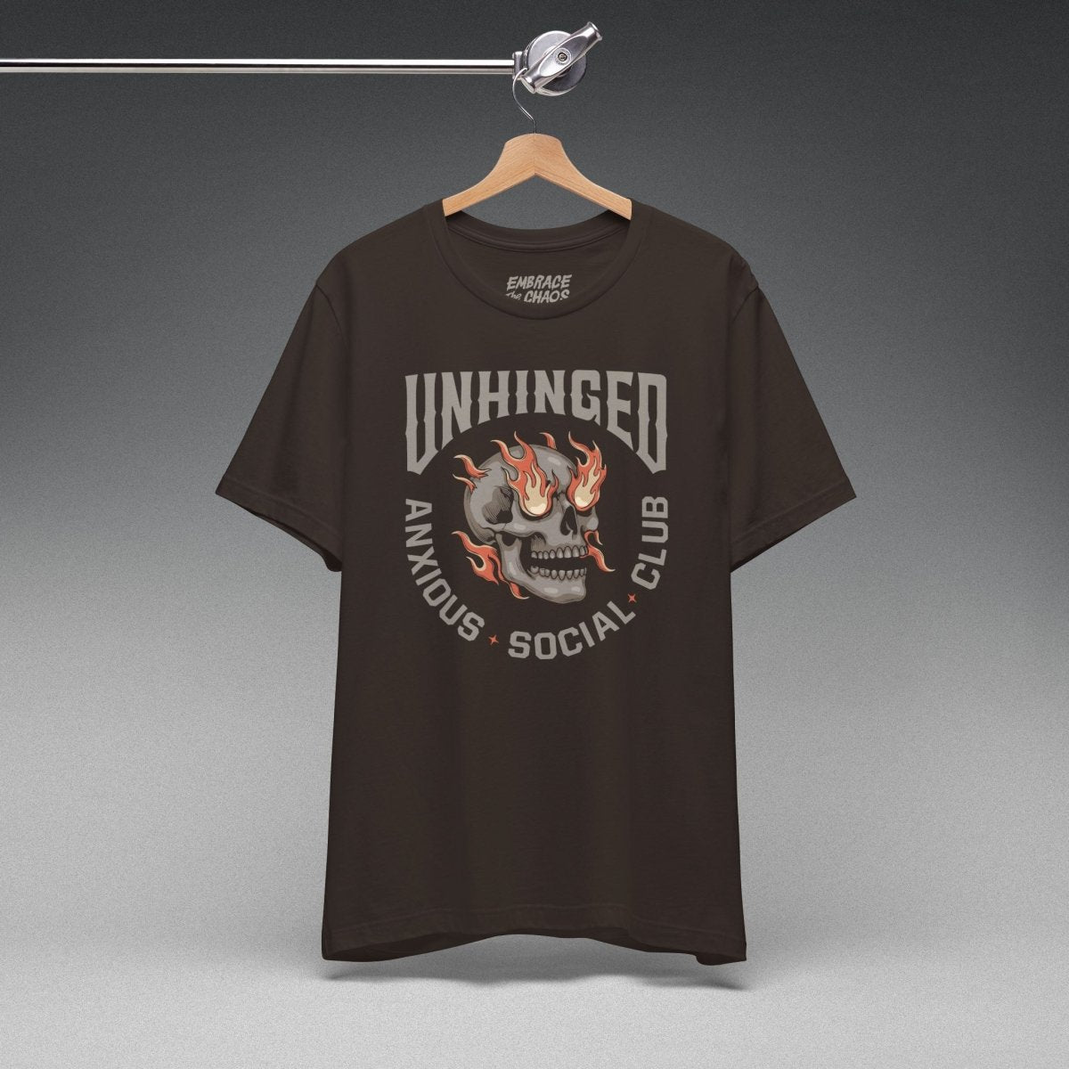 UNHINGED SOCIAL CLUB T-SHIRT XS Brown - Embrace The Chaos mental health humor apparel