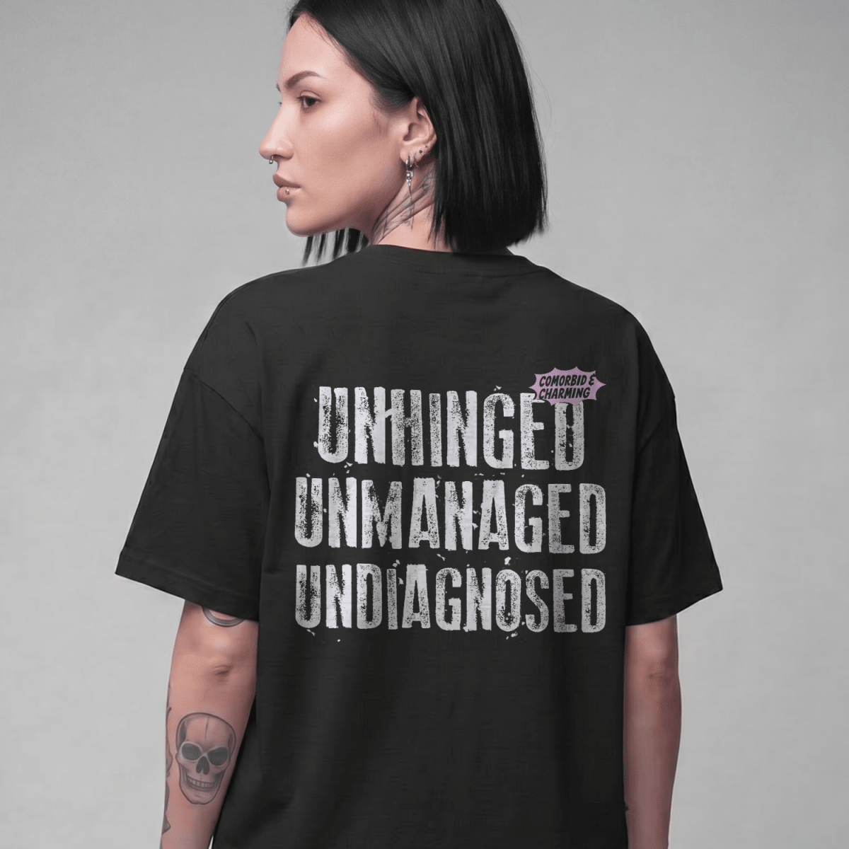 UNHINGED, UNMANAGED, UNDIAGNOSED TEE Navy S - Embrace The Chaos mental health humor apparel