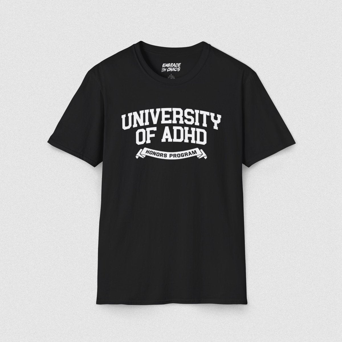 UNIVERSITY OF ADHD TEE Black XS - Embrace The Chaos mental health humor apparel