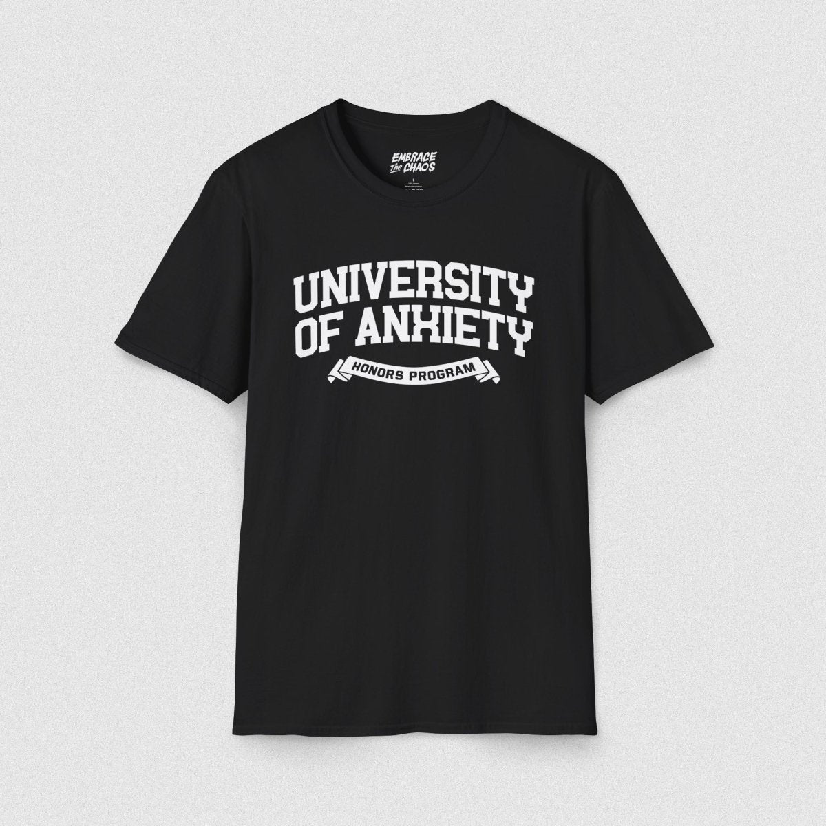 UNIVERSITY OF ANXIETY TEE Black XS - Embrace The Chaos mental health humor apparel