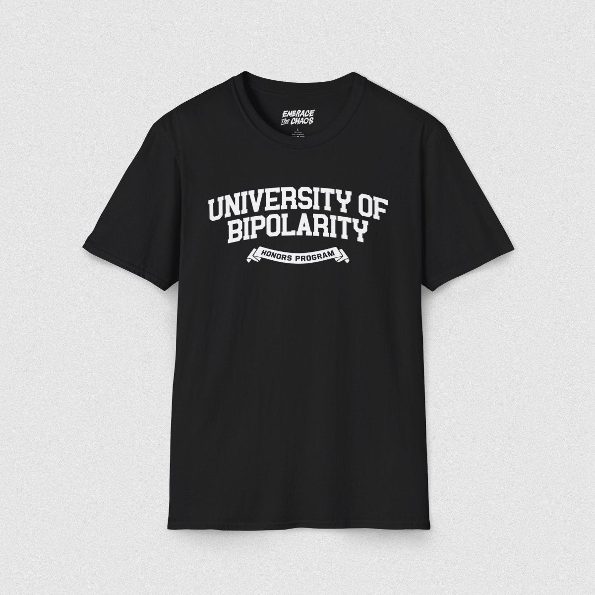 UNIVERSITY OF BIPOLARITY TEE Black XS - Embrace The Chaos mental health humor apparel