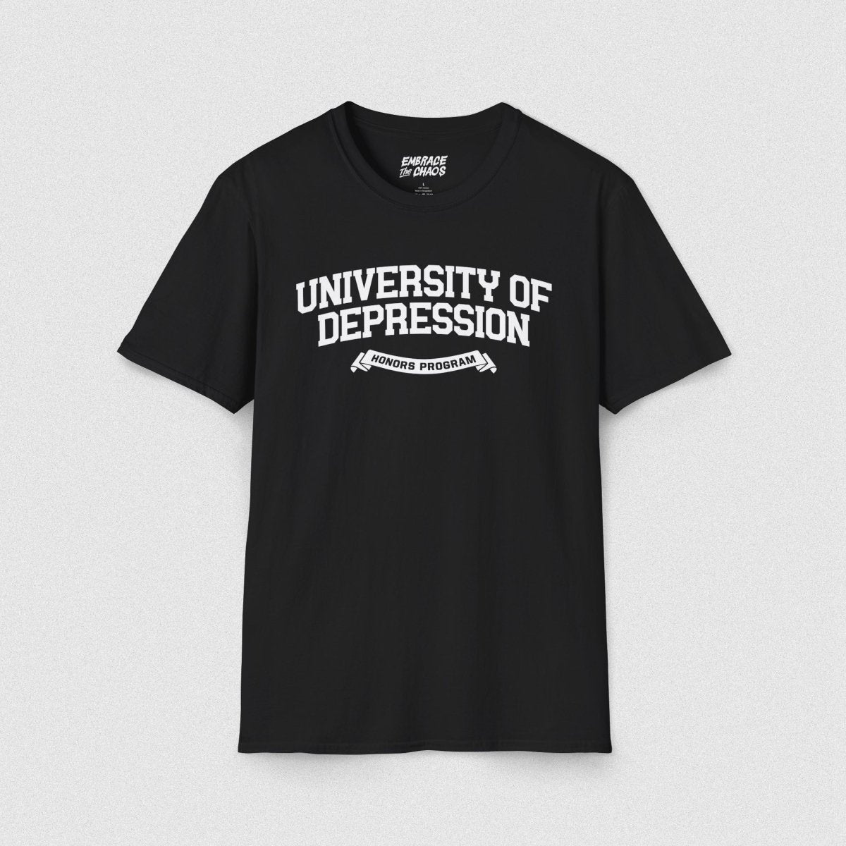 UNIVERSITY OF DEPRESSION TEE Black XS - Embrace The Chaos mental health humor apparel