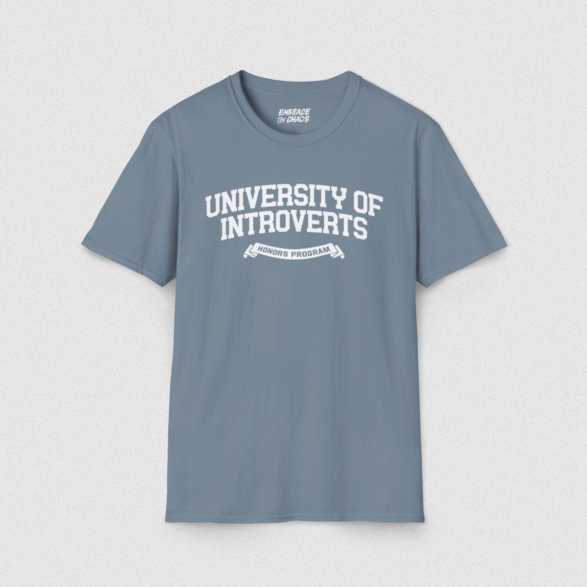 UNIVERSITY OF INTROVERTS TEE Stone Blue S - Embrace The Chaos mental health humor apparel