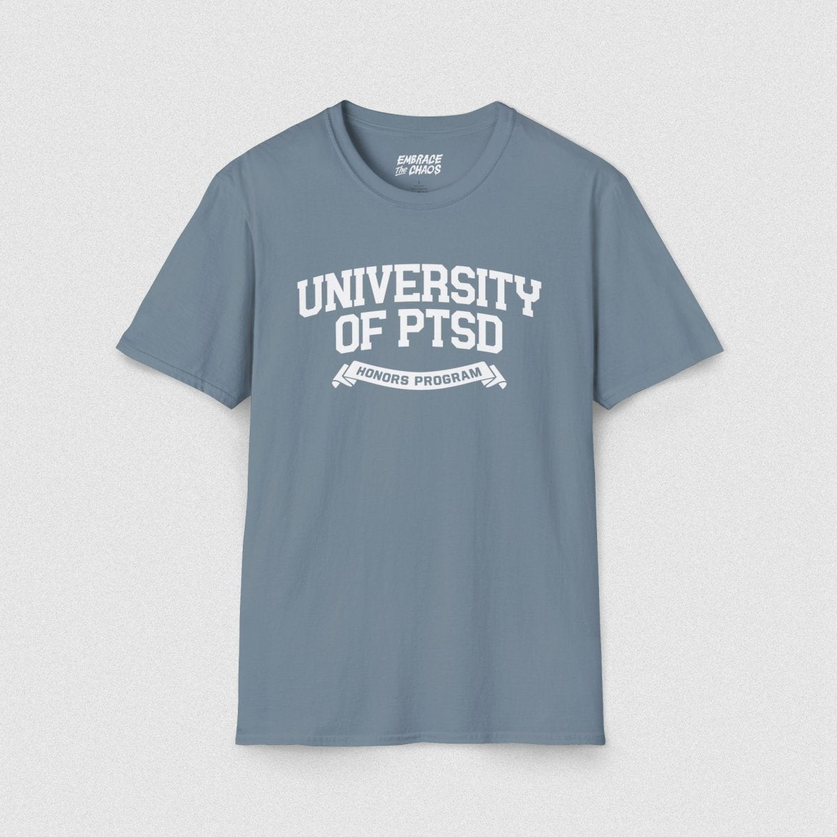 UNIVERSITY OF PTSD TEE Stone Blue S - Embrace The Chaos mental health humor apparel